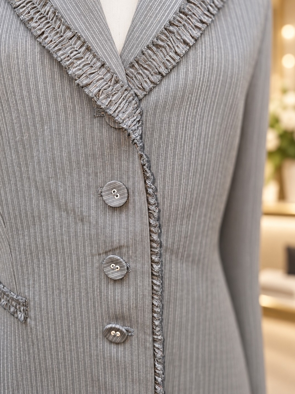 Tahari Size 8 Charcoal Pinstripe Wool Blazer Fringe Trim 3 Button - Picture 8 of 10